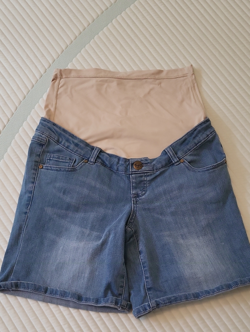Thyme Maternity Blue Denim Shorts with Nude Support Panel